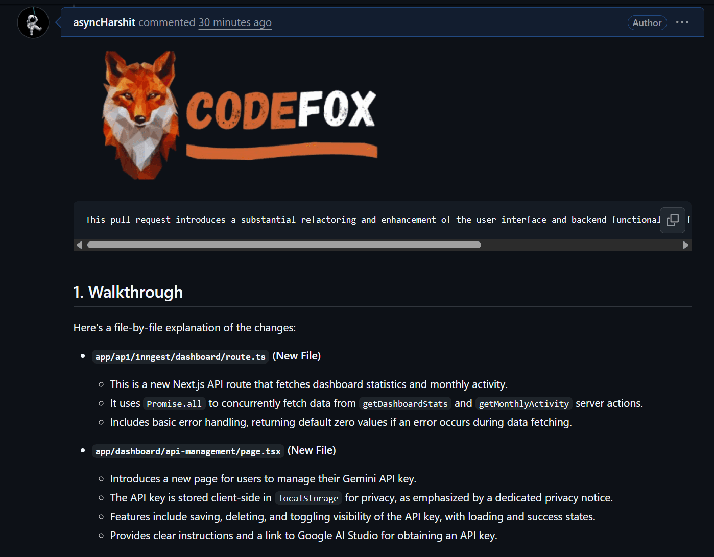 CodeFox AI Review showing detailed code analysis and suggestions